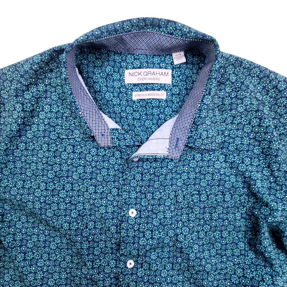 Nick Graham Mens XL Shirt Blue Floral‎ Print Modern Fit Short Sleeve Button Up - Picture 2 of 10